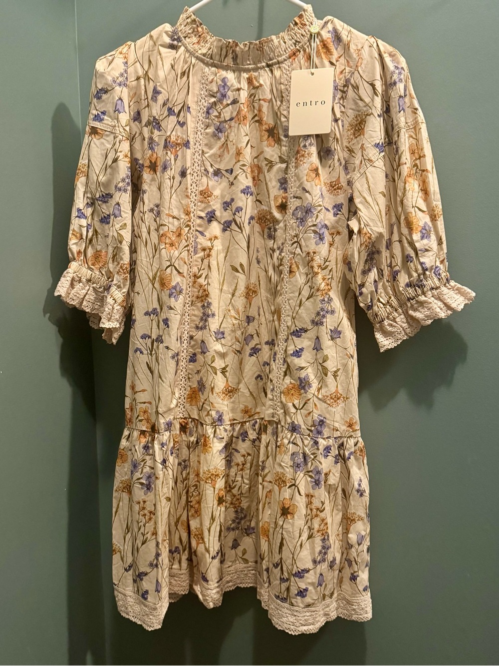 entro Cream Floral Smocked-Neck Mini Dress with Blue & Tan Blooms